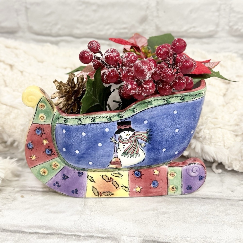 Sango Sweet Shoppe Christmas Snowman Center Piece Ceramic Sleigh Dish Sue Zipkin